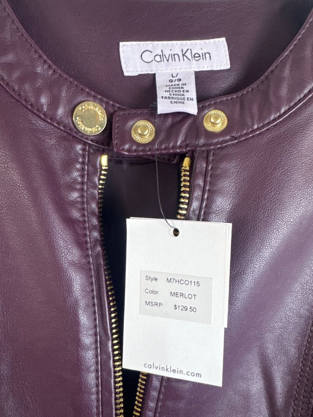 Calvin Klein Merlot Faux Leather Jacket Gold Zippers Women's Large NWT - Picture 2 of 8